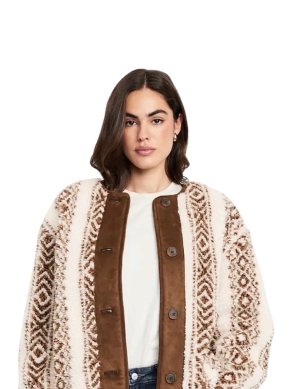 Old Navy Cream and Brown Patterned Teddy Coat Womens Size XS Aztec Sherpa